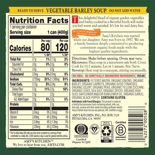 Amy’S Soup, Vegan Vegetable Barley Soup, Low Fat, Made With Organic Tomatoes, Carrots And Celery, Canned Soup, 14.1 Oz