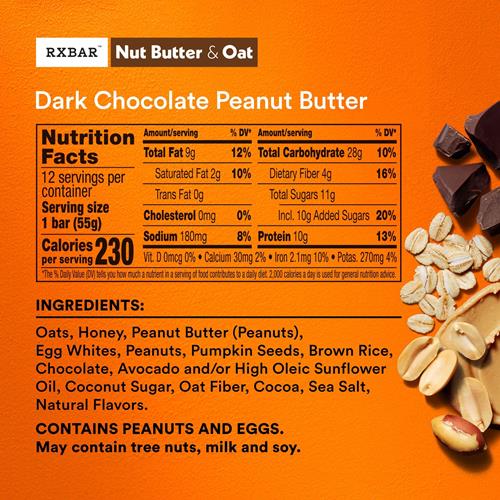 Rxbar Nut Butter And Oat Protein Bars, Protein Snacks, Snack Bars, Dark Chocolate Peanut Butter, 23.2Oz Box (12 Bars)