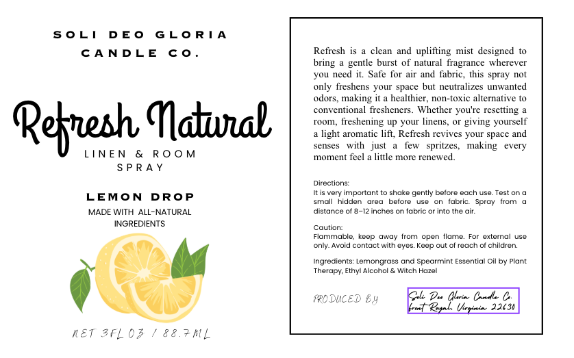 Lemon Drop Scented | Refresh Linen & Room Spray (Organic & Natural Options)