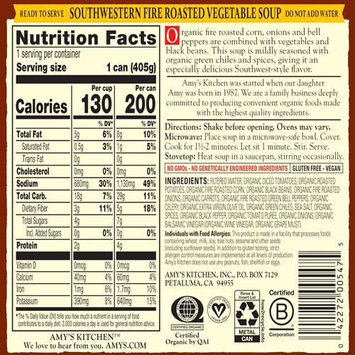 Amy’S Soup, Vegan Southwestern Fire Roasted Vegetable Soup, Gluten Free, Made With Organic Vegetables, Canned Soup, 14.3 Oz