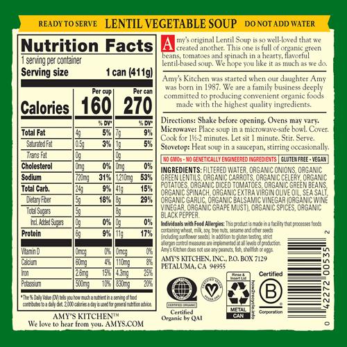 Amy’S Soup, Vegan Lentil Vegetable Soup, Gluten Free, Made With Organic Celery, Carrots, Potatoes And Spinach, Canned Soup, 14.5 Oz