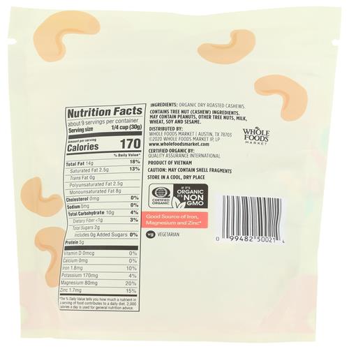 Whole Foods Market Organic Dry Roasted & Unsalted Cashews, 10 Oz