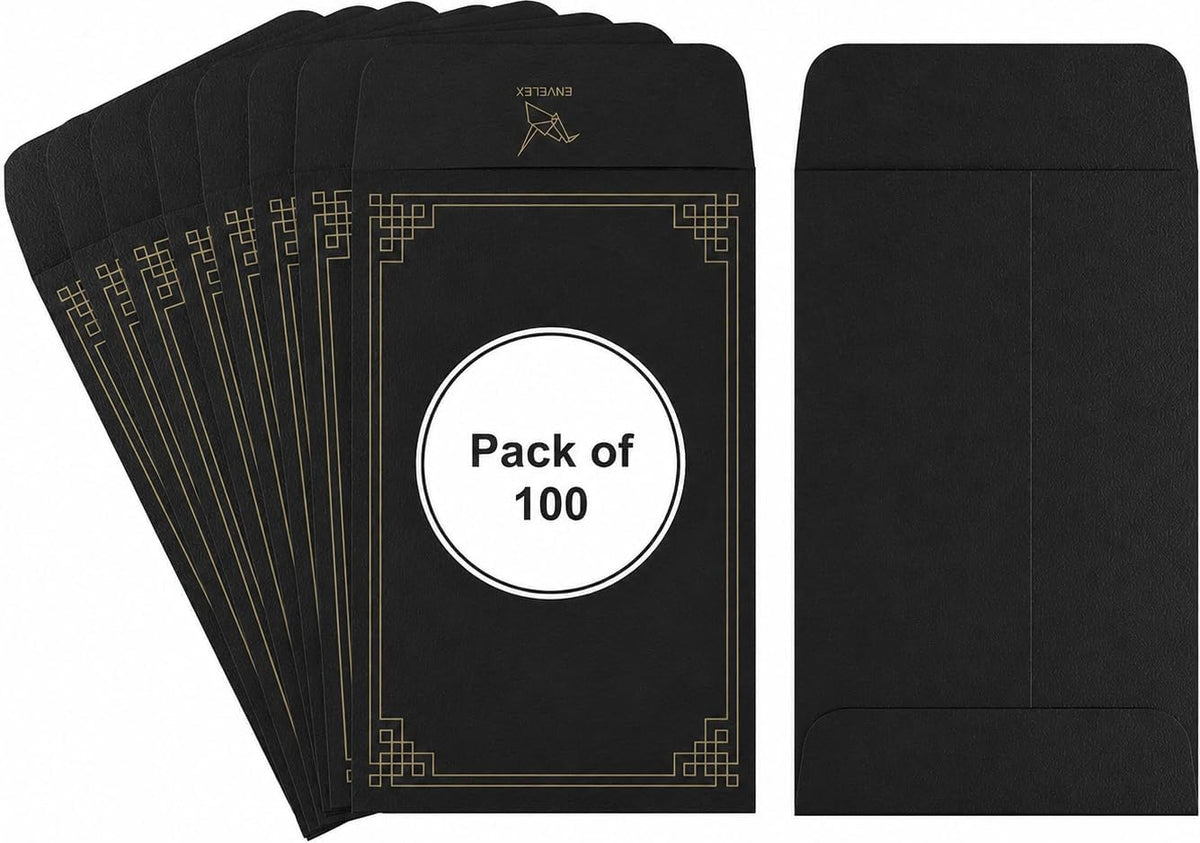 100 Pack #1 Black Small Coin Envelopes, 2¼"X3½" Paper | 130 GSM Paper, Gummed Flap, Seed Packets, Cash, Keys, Small Parts Storage, Mini Envelopes