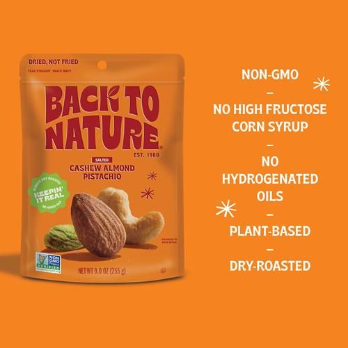 Back To Nature Premium Nut Mix - Cashew, Almond & Pistachio Blend, Dry Roasted With Sea Salt, Non-Gmo High Protein Snacks, 9 Ounce