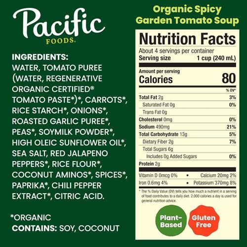 Pacific Foods Organic Spicy Garden Tomato Soup, 32 Oz Carton