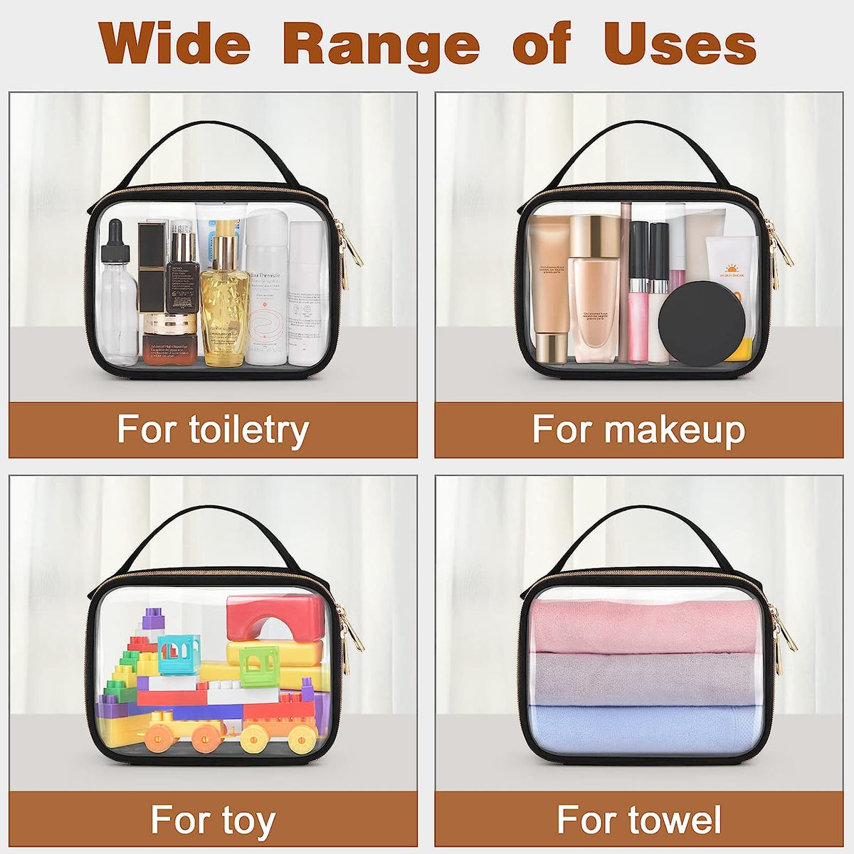 Clear Toiletry Bag, 3 Pack Clear Makeup Bags with Handles, PVC Cosmetic Bags for Women and Men, Large Opening Toiletry Bags, Black