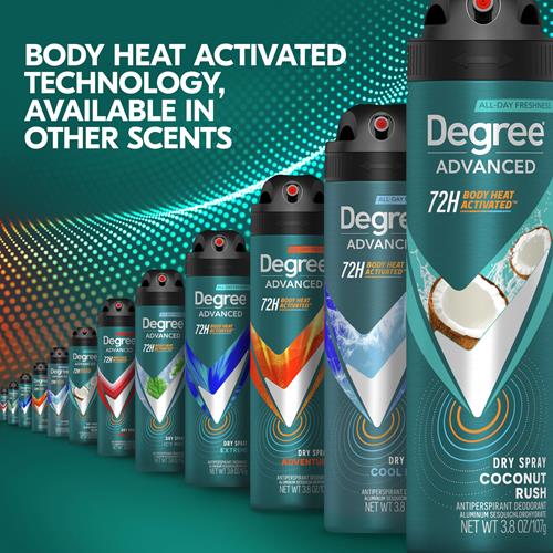 Degree Men Antiperspirant Deodorant Dry Spray Coconut Rush 72-Hour Sweat And Odor Protection? Deodorant For Men With Body Heat Activated Technology 3.8 Oz