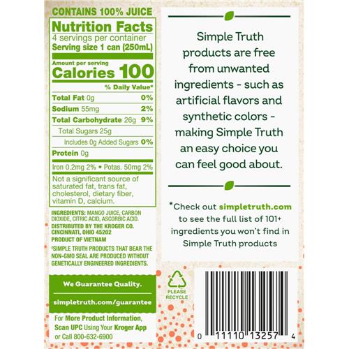 Simple Truth Sparkling 100% Mango Juice Cans 4 pk / 8.45 fl oz