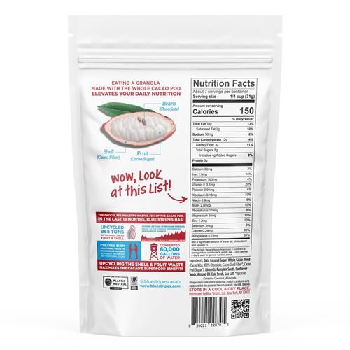 Blue Stripes Dark Chocolate Whole Cacao Granola, 8 Oz