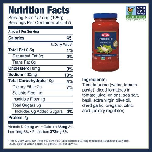 Barilla Premium Pasta Sauce Traditional, 24 Ounce Jar - No Added Sugar - Made With 100% Extra Virgin Olive Oil - No Artificial Colors, Flavors Or Preservatives - Non-Gmo, Gluten Free, Kosher - Pa