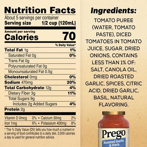 Prego Pasta Sauce, Italian Tomato Sauce With Roasted Garlic & Herbs, 24 Ounce Jar