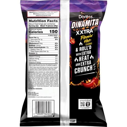 Doritos Dinamita Rolled Tortilla Chips, Xxtra Flamin Hot, 9.25 Oz Bag