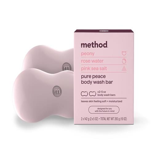 Method Bar Soap, Pure Peace, Pure Peace, Rose Water, Peonies + Pink Sea Salt Notes, Plastic Free, 2 Bars, 5Oz Each