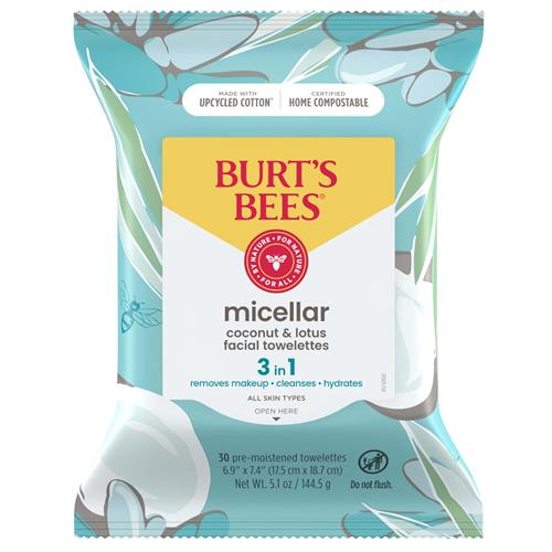 Burts Bees Micellar Facial Towelettes With Coconut And Lotus, Pre-Moistened Towelettes For All Skin Types, 99.5 Percent Natural Origin Skin Care, 30 Ct. Package
