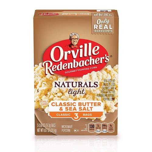 Orville Redenbachers Naturals Microwave Popcorn, Classic Butter & Sea Salt Light Flavor, 2.69 Oz., 3-Count