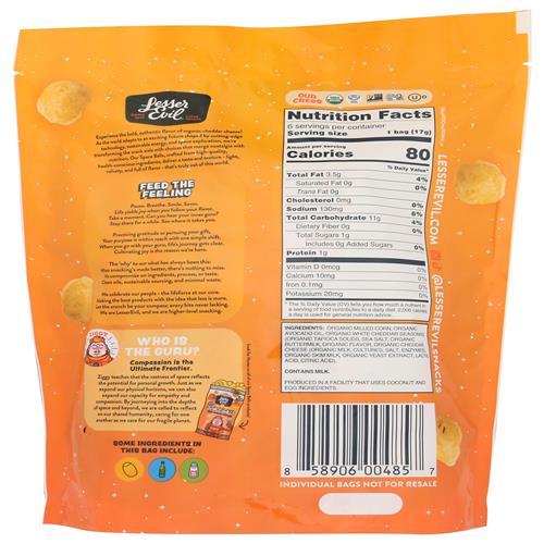 Lesserevil Organic Real Cheddar Space Ball Puffs Multipack, 3.6 Oz