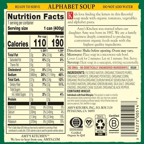 Amy’S Soup, Vegan Alphabet Soup, Low Fat, Made With Organic Potatoes, Carrots And Green Beans, Canned Soup, 14.1 Oz