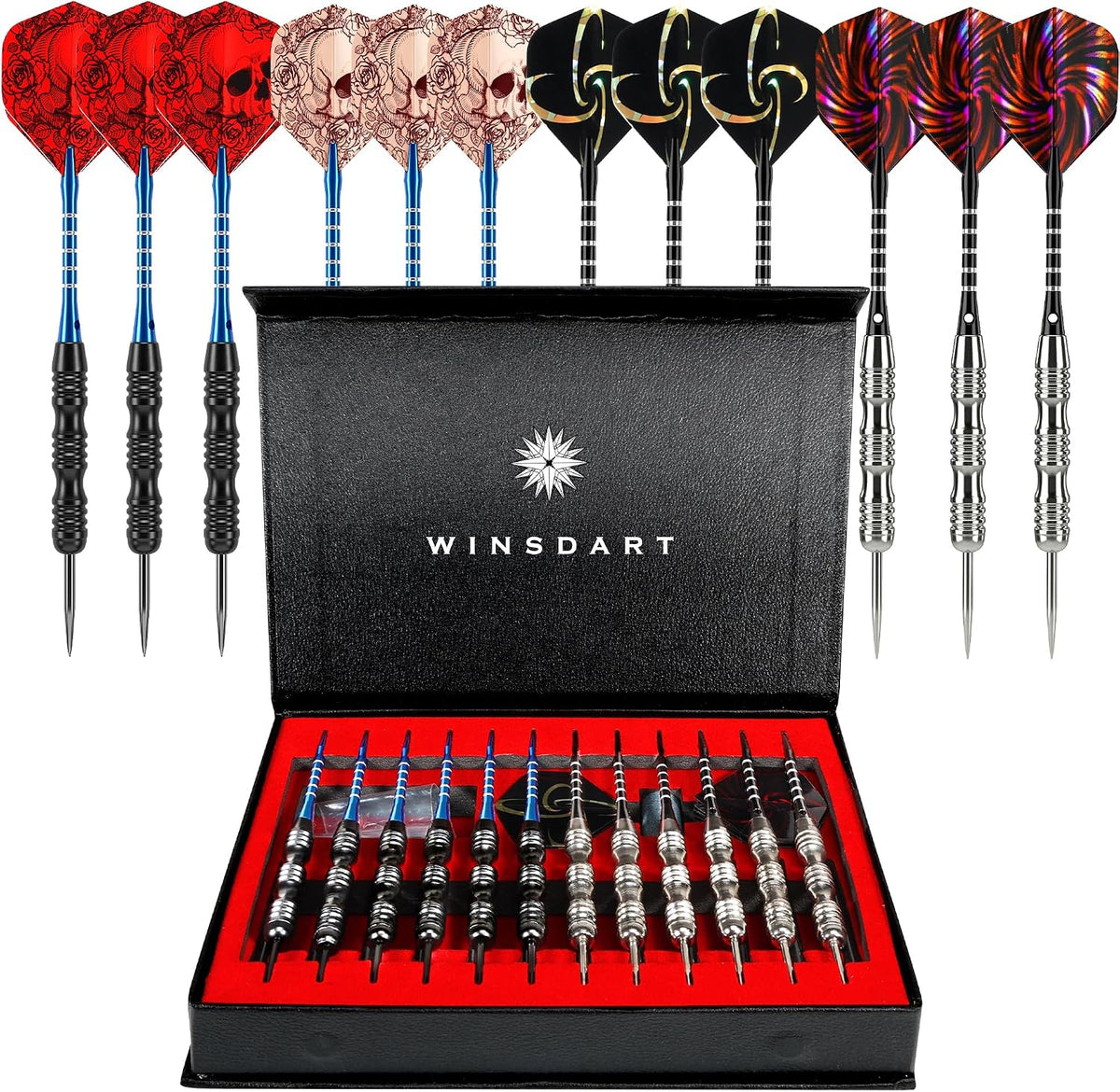 Steel Tip Darts 12 Pack Set with Nonslip Iron Barrel Aluminum Dart Shafts and Flights Darts Sharpener an Gift Box