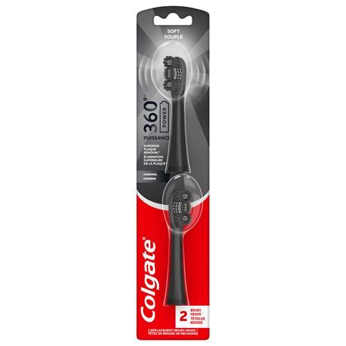 Colgate 360 Power Charcoal Replacement Toothbrush Heads, Works With Any 360 Battery Toothbrush, Features Soft Bristles And A Rubber Polisher On Each Replacement Head, 2 Pack