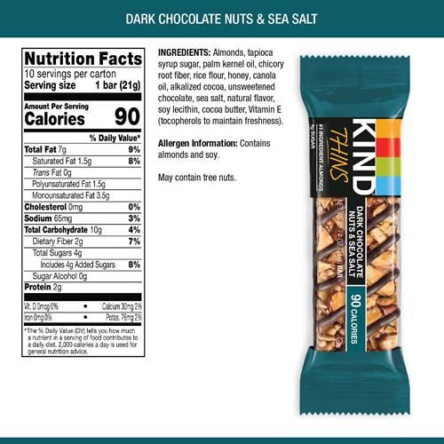 Kind Thins Dark Chocolate Nuts & Sea Salt Bars (Now With Peanuts), Gluten Free, 4G Sugar, 0.74 Oz Bars, 10 Count
