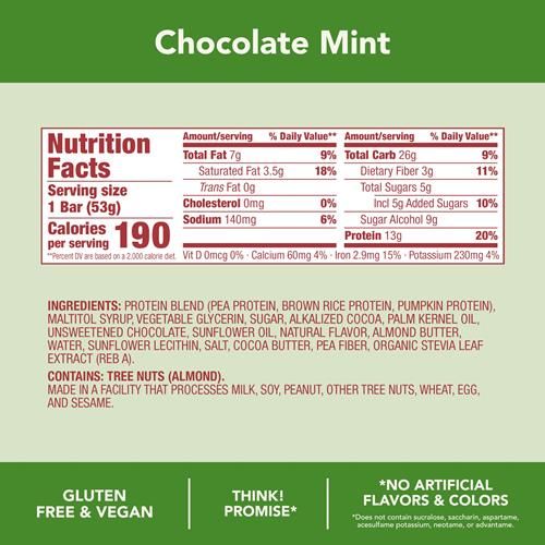 Think! Vegan/Plant Based High Protein Bars - Chocolate Mint, 13G Protein, 5G Sugar, No Artificial Sweeteners, Non Gmo Project Verified, 10 Count (Packaging May Vary)
