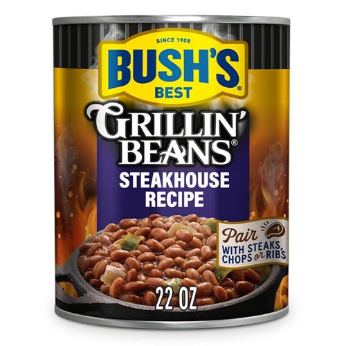 Bushs Best Steakhouse Recipe Grillin Beans, 22 Ounce, Canned Beans, Beans Canned, Source Of Plant Based Protein And Fiber, Low Fat, Gluten Free