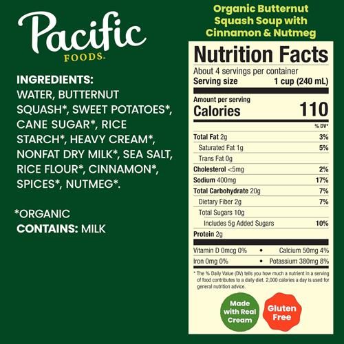 Pacific Foods Organic Butternut Squash Soup With Cinnamon And Nutmeg, 32 Oz Carton