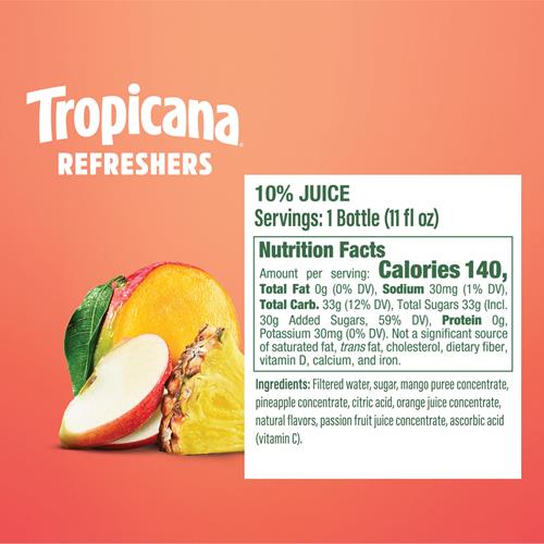 Tropicana Refreshers Pineapple Mango Juice Drink, With Real Fruit Juice, 11 Fl Oz Bottle