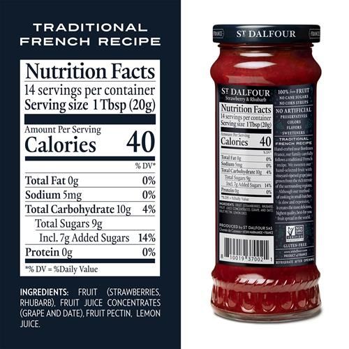 St. Dalfour Strawberry & Rhubarb Fruit Spread - 10Oz - 100% From Fruit & Rhubarb, No Artificial Ingredients, Non-Gmo, No Cane Sugars, All Natural