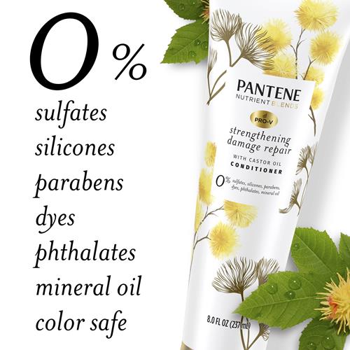 Pantene Sulfate Free Conditioner, Hair Strengthening Anti Frizz Damage Repair With Castor Oil, Safe For Color Treated Hair, Nutrient Blends, 8.0 Oz