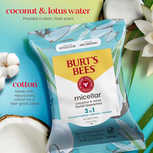 Burts Bees Micellar Facial Towelettes With Coconut And Lotus, Pre-Moistened Towelettes For All Skin Types, 99.5 Percent Natural Origin Skin Care, 30 Ct. Package