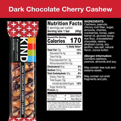 Kind Snack Bars, Dark Chocolate Cherry Cashew 4G Protein, Gluten Free Bars, 1.4 Oz, 6 Count