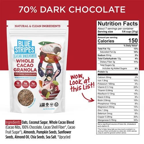 Blue Stripes Dark Chocolate Whole Cacao Granola, 8 Oz
