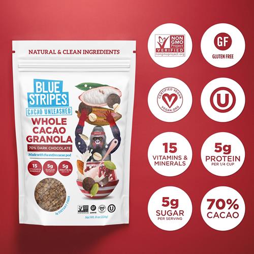 Blue Stripes Dark Chocolate Whole Cacao Granola, 8 Oz