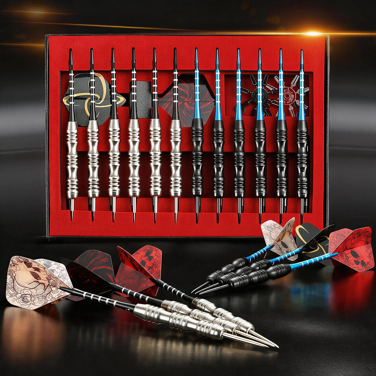 Steel Tip Darts 12 Pack Set with Nonslip Iron Barrel Aluminum Dart Shafts and Flights Darts Sharpener an Gift Box