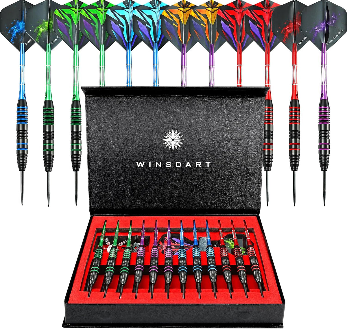 Darts Metal Tip Set Steel Tip Darts 12 Pcs Set 22G with Gift Box | Darts for Dartboard with Darts Guide and Gift Case, Nonslip Iron Barrel Aluminum Dart Shafts and Dart Flights Darts Sharpener