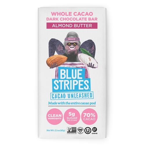 Blue Stripes Whole Cacao Almond Butter Dark Chocolate Bar, 2.1 Oz