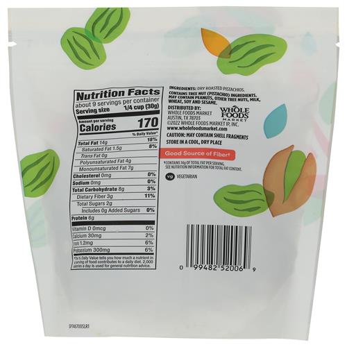 Whole Foods Market Dry Roasted Pistachio Kernels, No Salt Added, 10 Ounce
