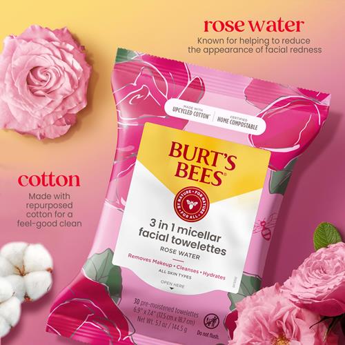 Burts Bees, Rose Water Face Wipes, For All Skin Types, Hydrating Micellar Makeup Remover & Facial Cleansing Towelettes, 30 Count (1 Pack)