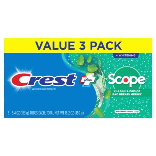 Crest + Scope Whitening Toothpaste, 5.4 Oz Tubes - Anticavity Fluoride Toothpaste, Fresh Breath, Kills Germs - Tartar Protection, Enamel Protection - Minty Fresh Flavor