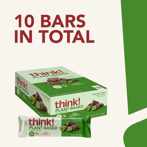 Think! Vegan/Plant Based High Protein Bars - Chocolate Mint, 13G Protein, 5G Sugar, No Artificial Sweeteners, Non Gmo Project Verified, 10 Count (Packaging May Vary)