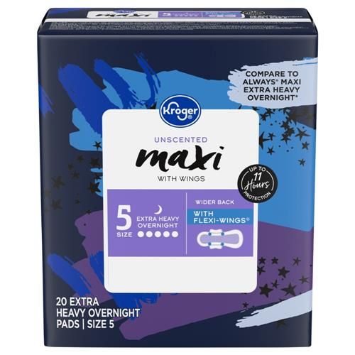 Kroger Overnight Extra Heavy Unscented Maxi Pads with Wings 20 ct