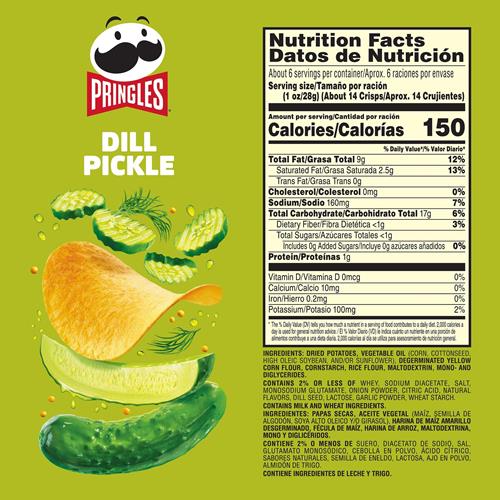 Pringles Potato Crisps Chips, Lunch Snacks, On-The-Go Snacks, Dill Pickle, 5.5Oz Can (1 Can)