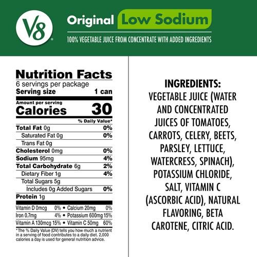 V8 Low Sodium Original 100% Vegetable Juice, 5.5 Fl Oz Can (6 Pack)