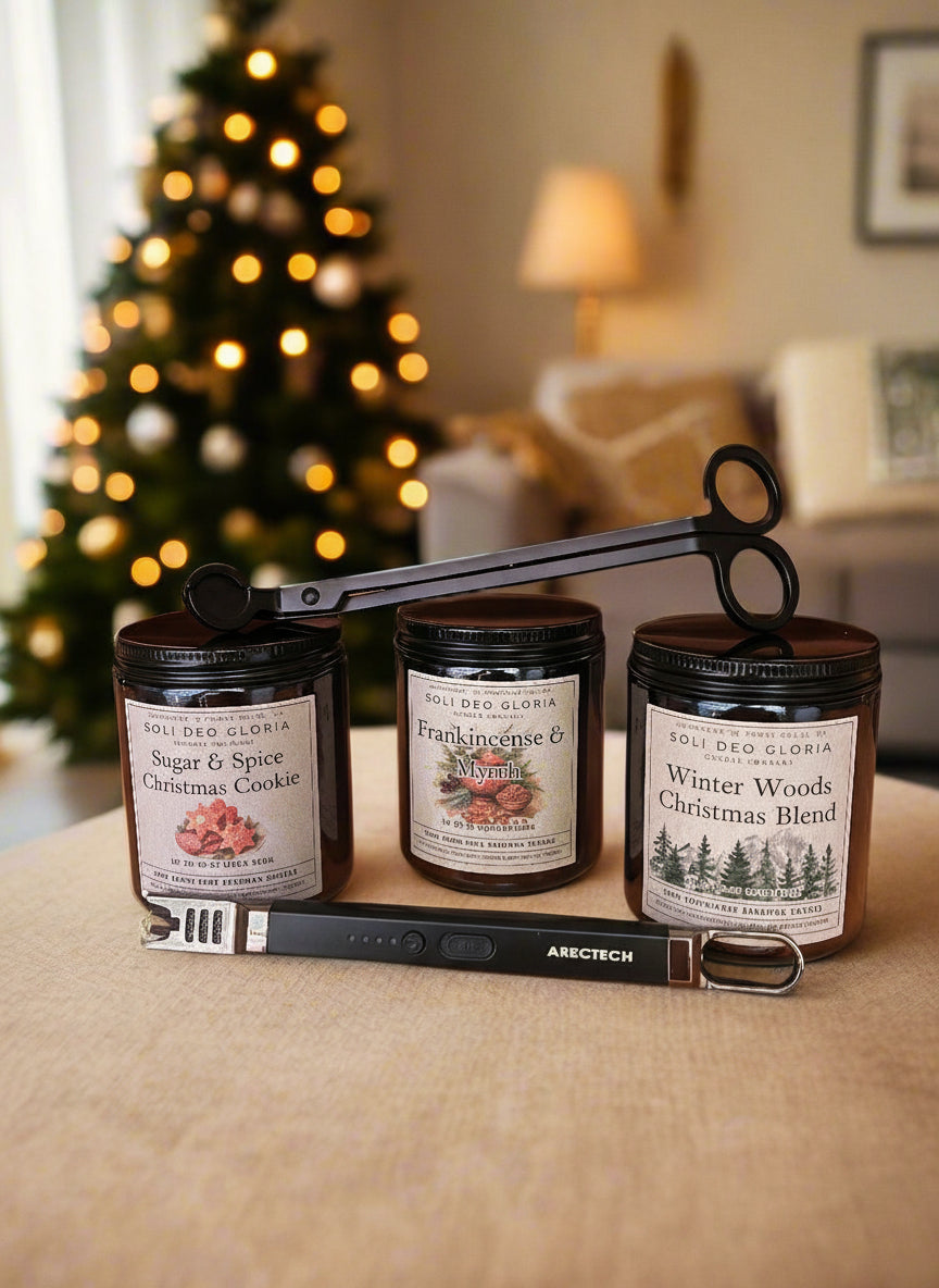 Winter Essentials Beeswax Gift/Starter Set | 3 Seasonal Candles, Wick Trimmer & Lighter