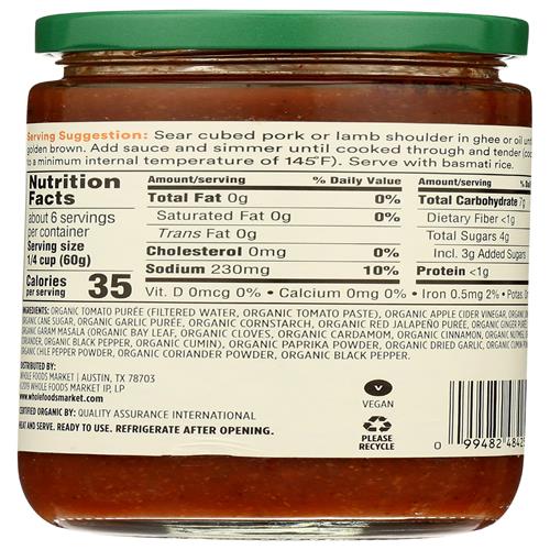 Whole Foods Market Organic Vindaloo Curry Sauce, 12 Ounce