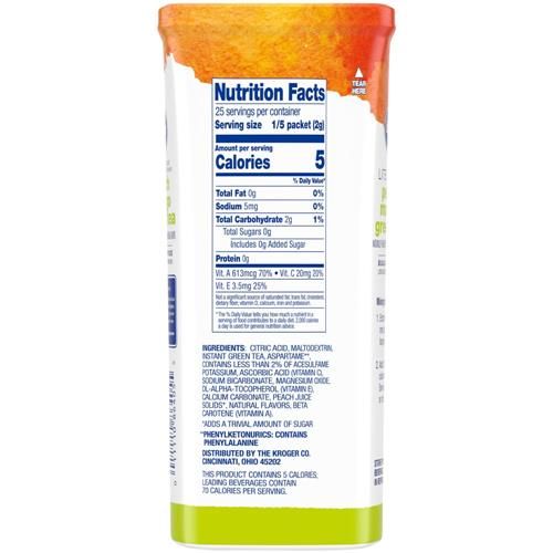 Kroger Lite Zero Sugar Peach Mango Green Tea Drink Mix Packets 5 packets