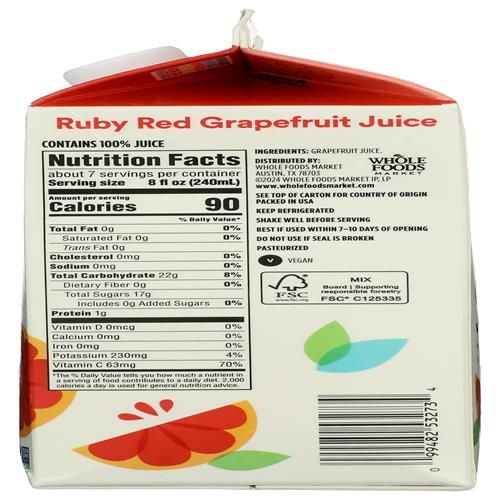 Whole Foods Market Ruby Red Grapefruit Juice, 52 Fl Oz