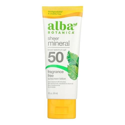 Alba Botanica Sheer Mineral Sunscreen Lotion, Broad Spectrum Spf 50, Fragrance Free, 3 Fl Oz (Packaging May Vary)