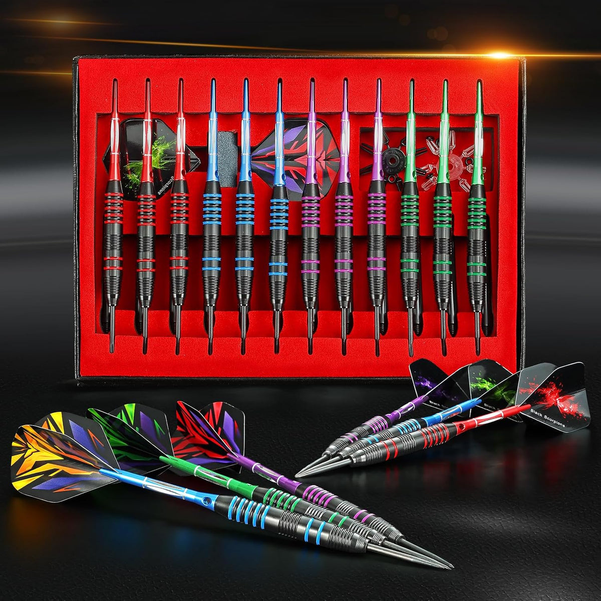 Darts Metal Tip Set Steel Tip Darts 12 Pcs Set 22G with Gift Box | Darts for Dartboard with Darts Guide and Gift Case, Nonslip Iron Barrel Aluminum Dart Shafts and Dart Flights Darts Sharpener